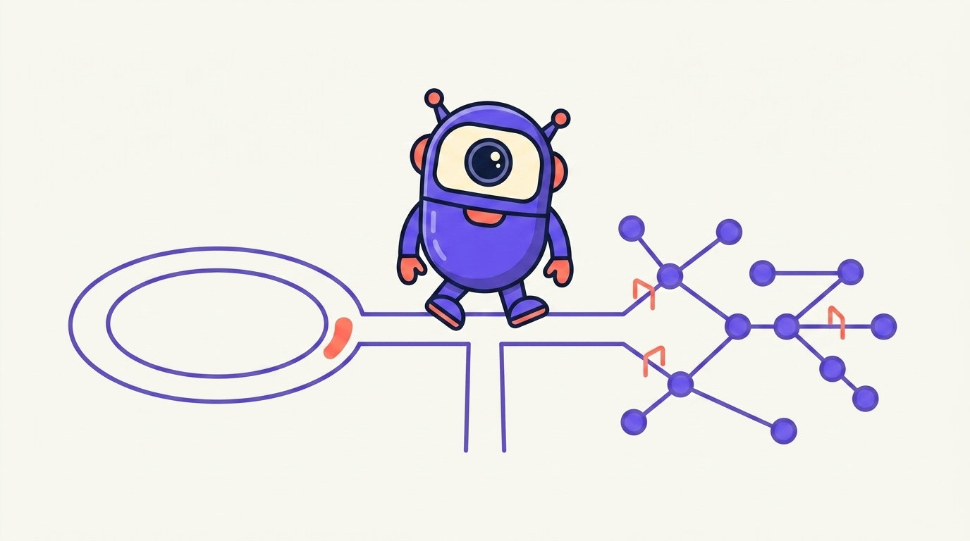 The kitstarter robot standing where a single closed loop meets a branching graph of nodes and gates, stepping toward the graph