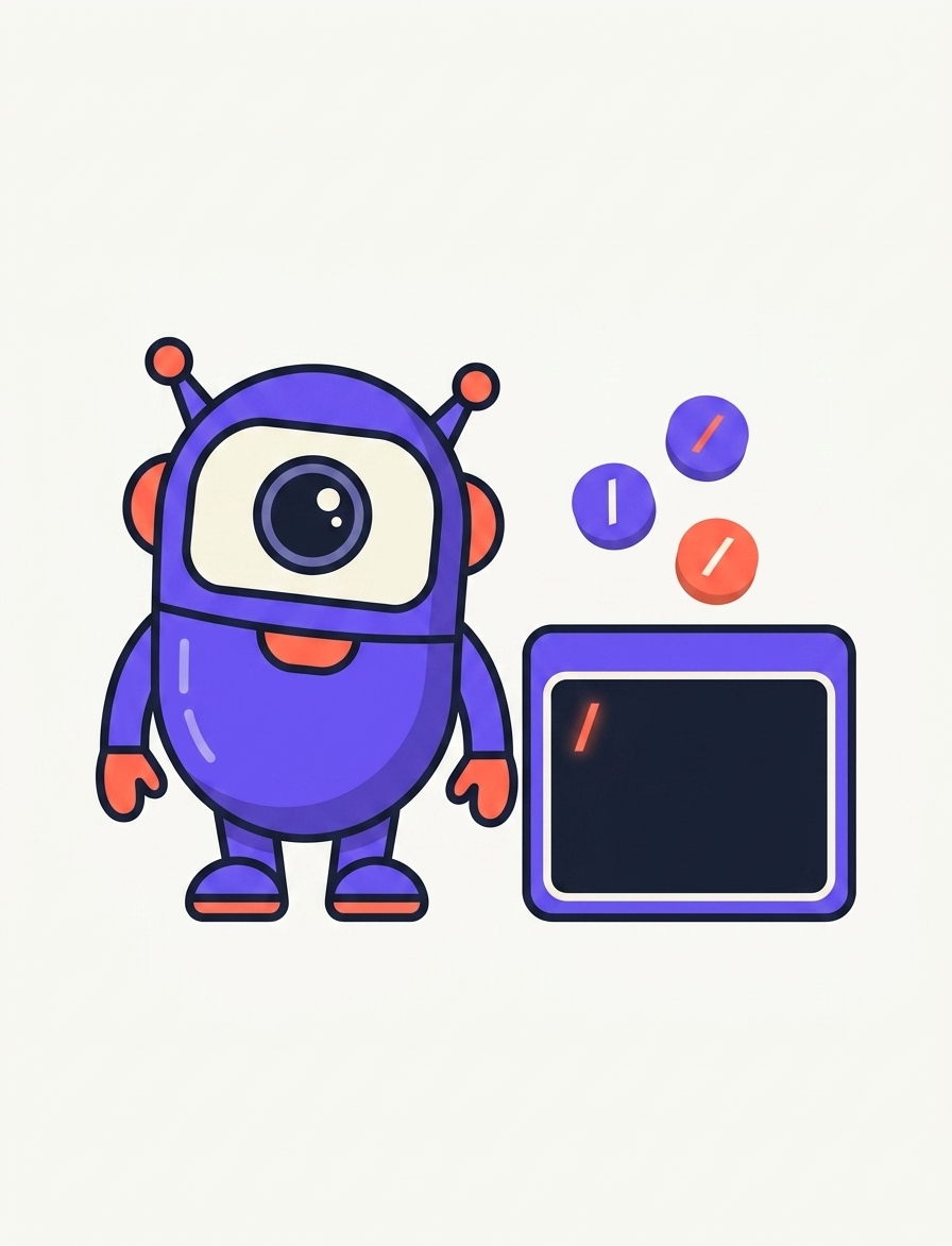 A friendly robot at a terminal with slash-command shortcuts floating around it
