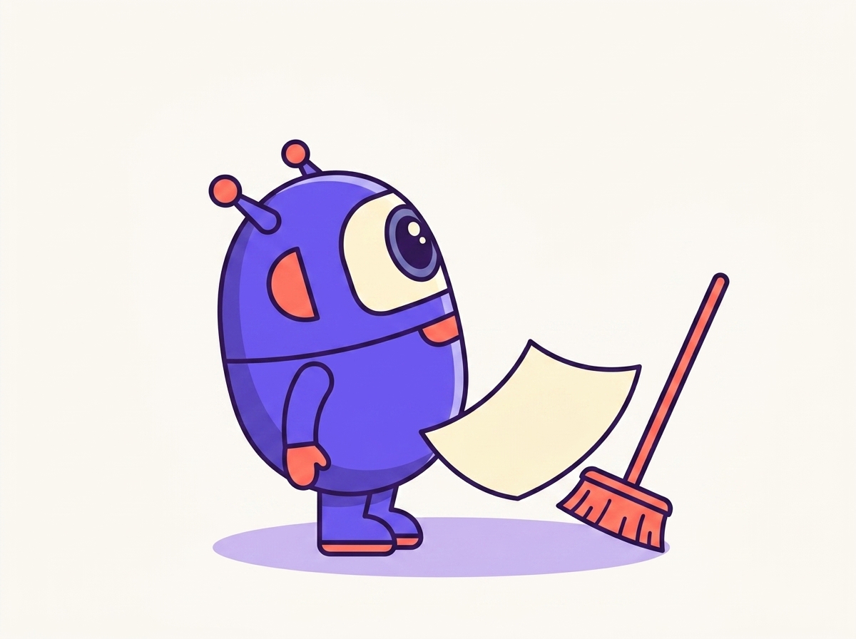 The kitstarter robot looking on as a broom sweeps a single page out of its reach