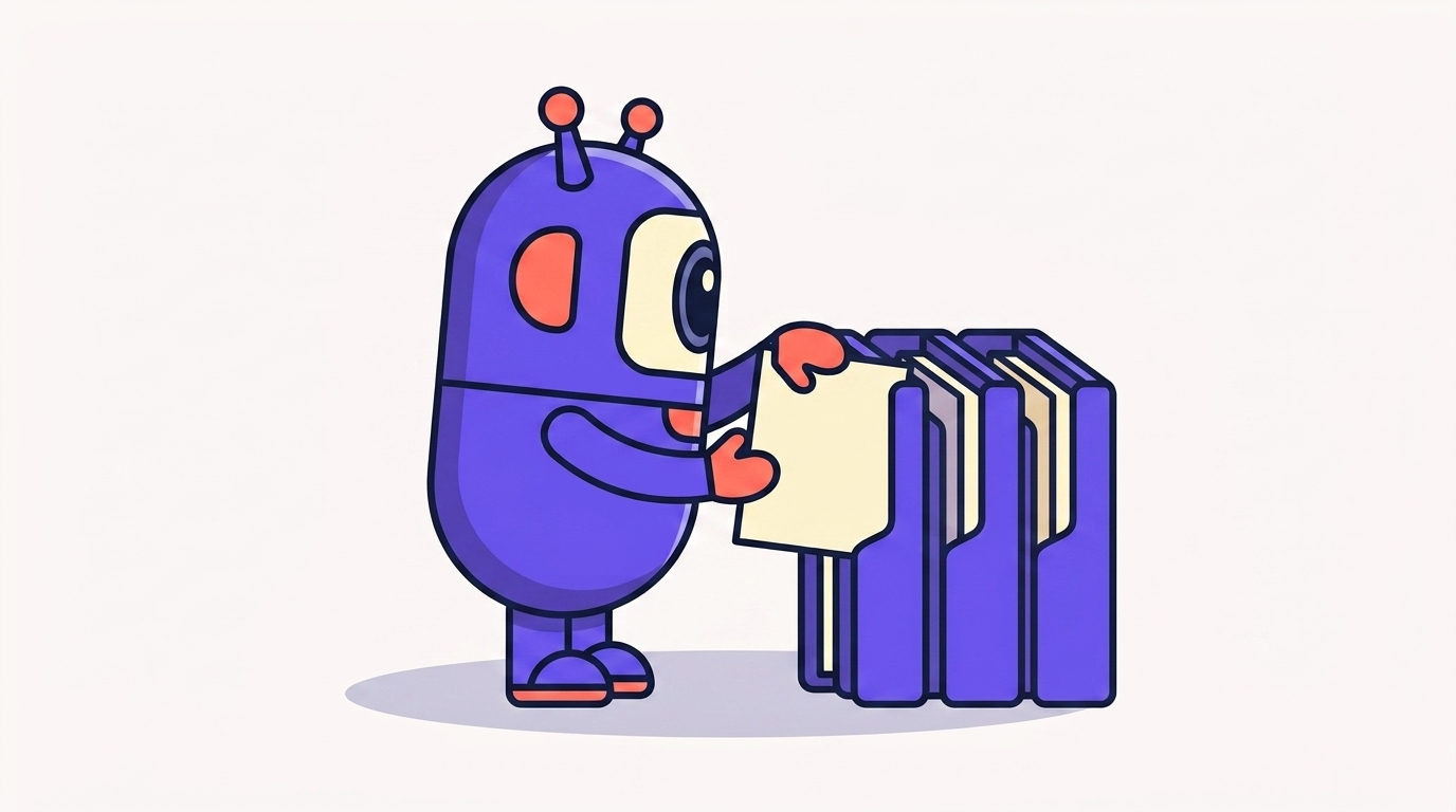 The kitstarter robot filing labeled transcript pages into a set of folders