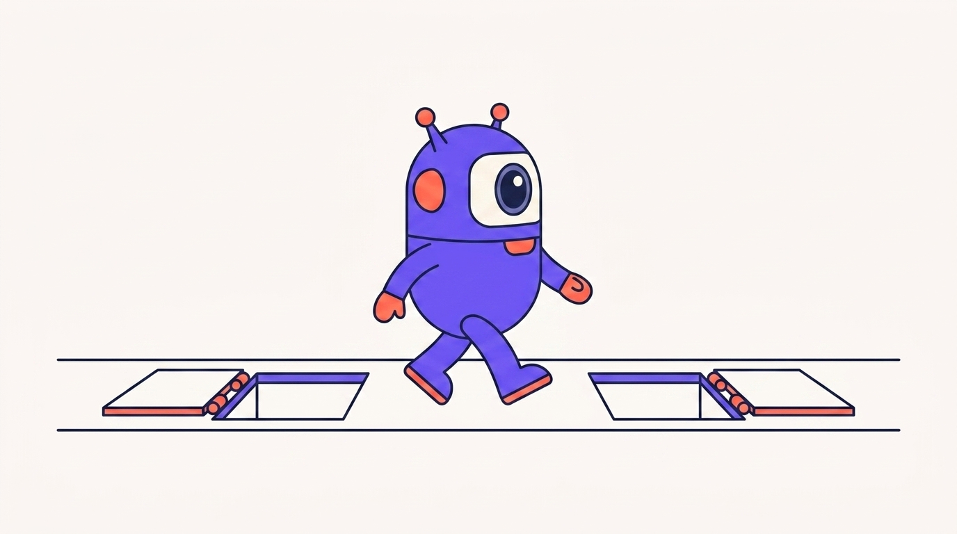 The kitstarter robot walking a clear path past two open trapdoors