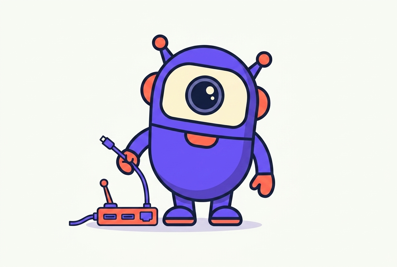 The kitstarter robot calmly unplugging one tangled cable from a row of neat ones