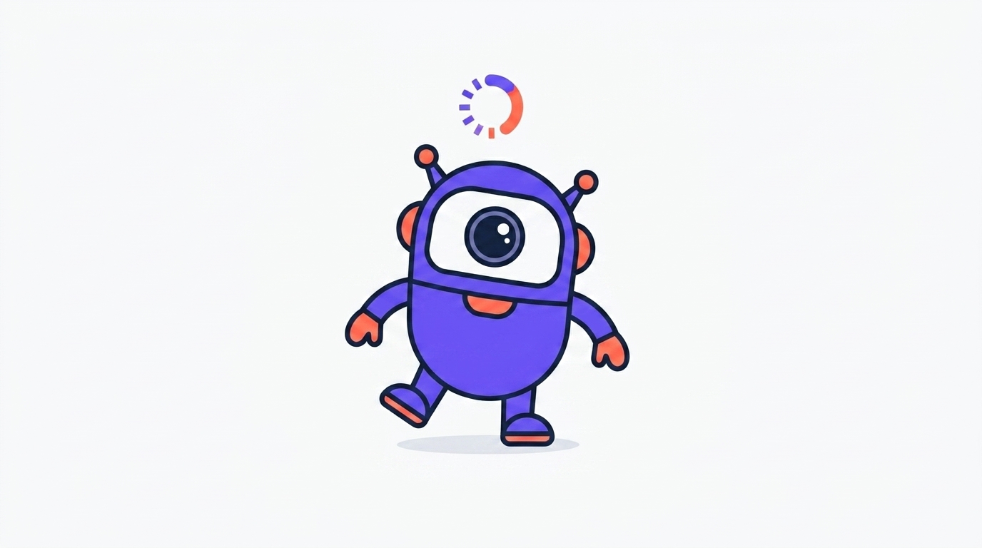 The kitstarter robot frozen mid-step beside a stalled loading spinner