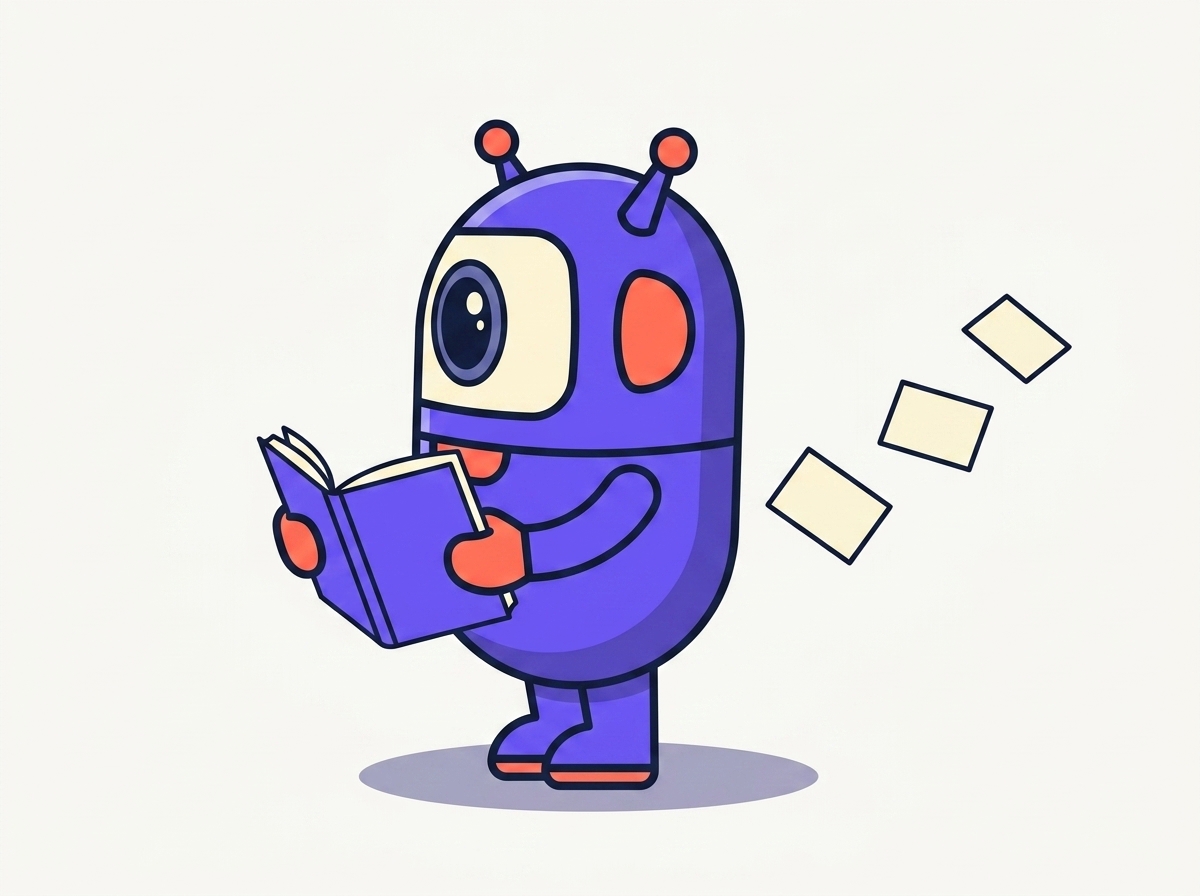 The kitstarter robot reading a notebook it holds in both hands while loose session cards drift away behind it
