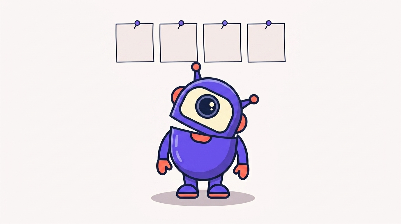 The kitstarter robot reading a row of labeled session cards pinned in a line