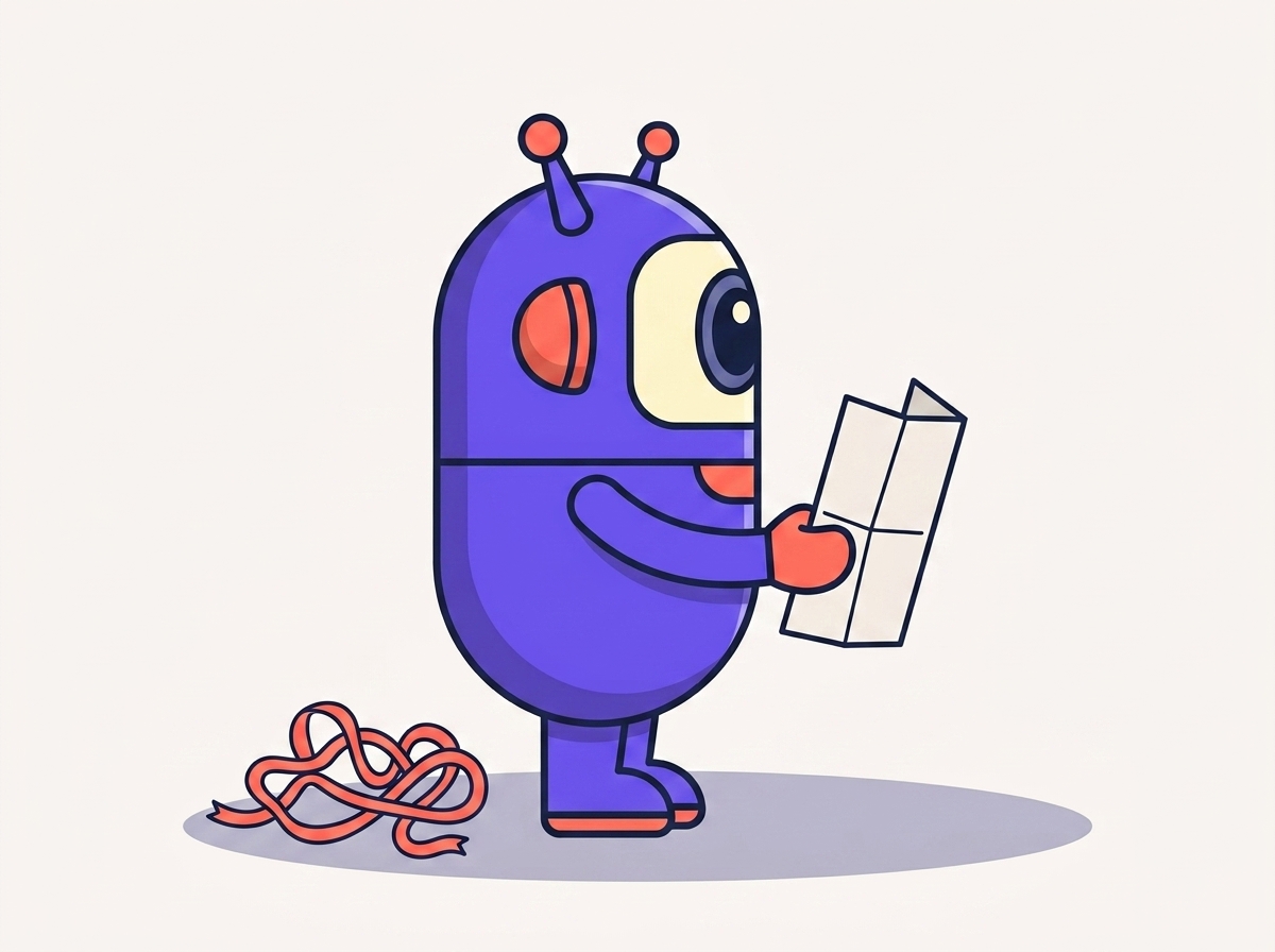 The kitstarter robot reading an unfolded map while a tangled ribbon lies discarded on the ground behind it