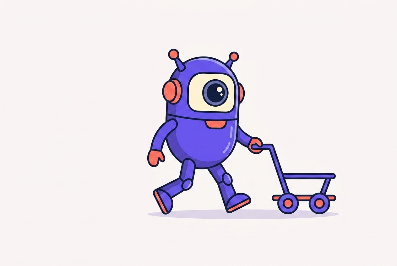 The kitstarter robot straining to push a heavy overloaded cart, next to a light empty one it can move with a finger