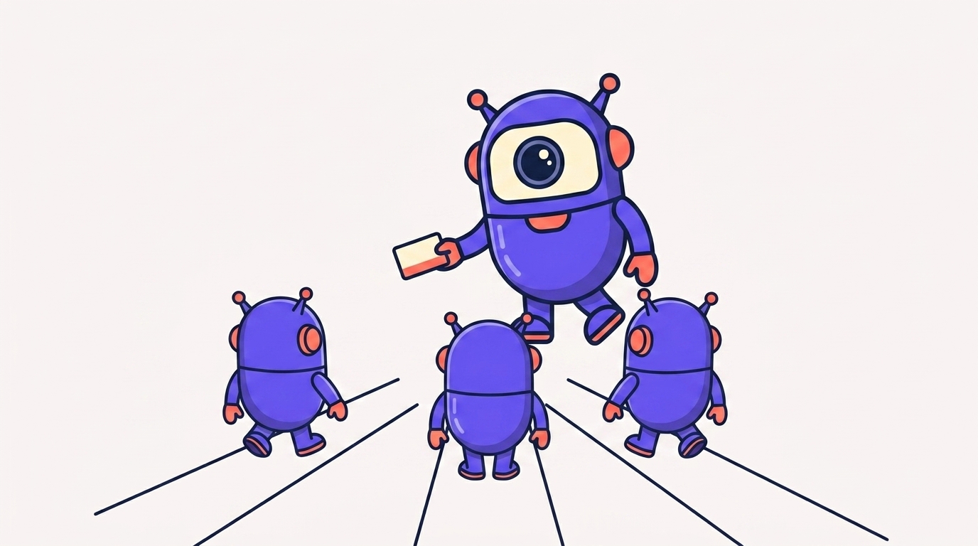 The kitstarter robot handing a copy of its rulebook to a smaller helper robot, standing in for a subagent inheriting rules