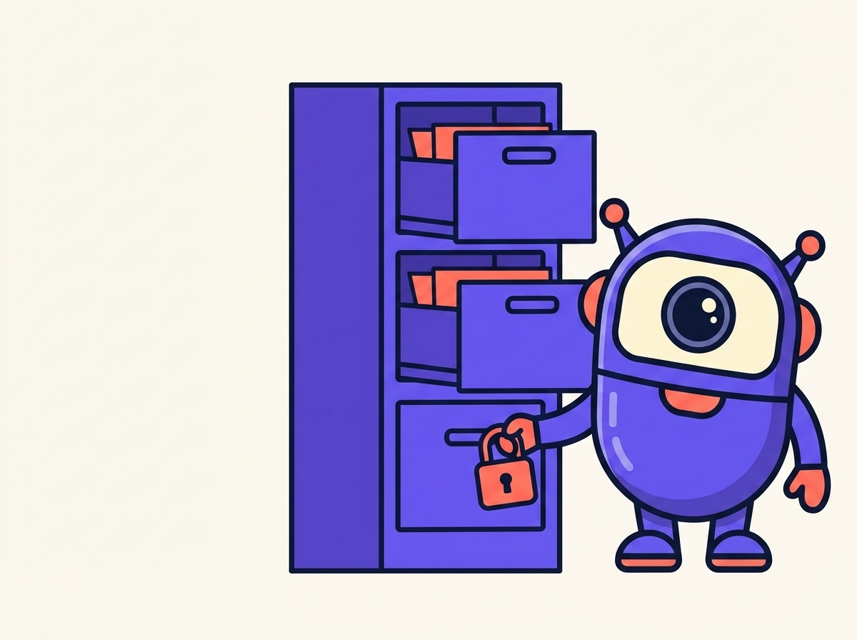 The kitstarter robot clipping a padlock onto one drawer of a filing cabinet while the drawers above it stay wide open