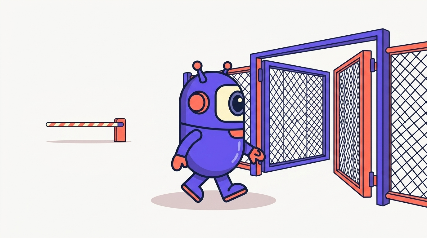 The kitstarter robot walking through an open gate while one barrier stays down beside it