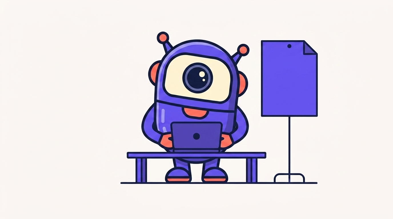 Der kitstarter-Roboter, der an einem Laptop arbeitet, während daneben ein einzelnes Blatt Papier angepinnt und immer im Blick ist