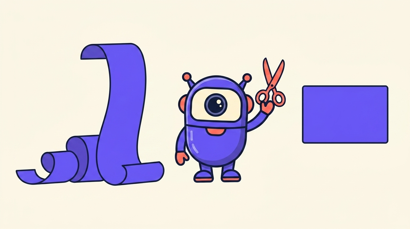 Der kitstarter-Roboter mit einer Schere, der eine lange, ausgerollte Schriftrolle auf eine kleine Karte zurechtschneidet
