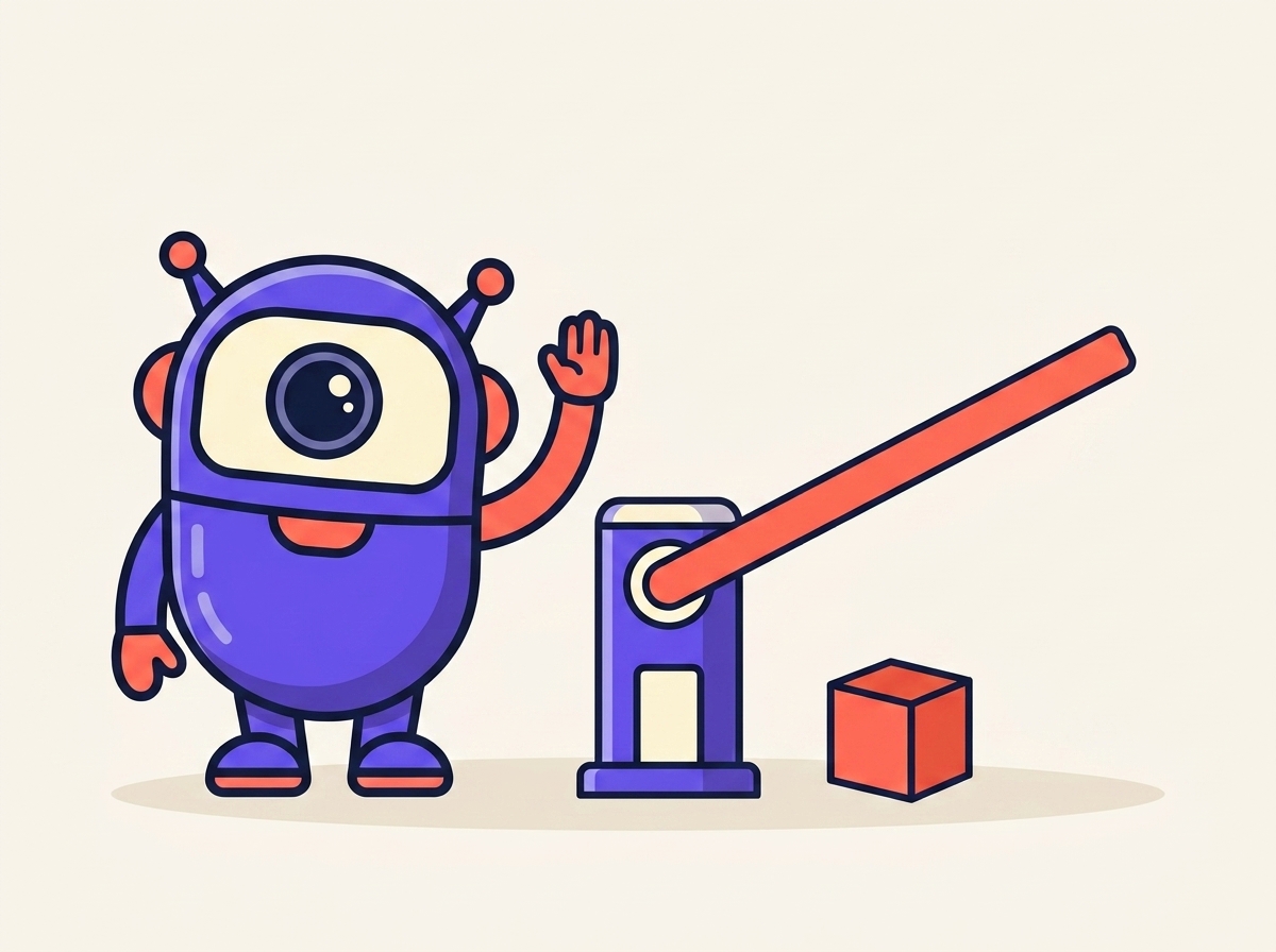 The kitstarter robot holding up a hand to signal stop while a block rolls on under an open barrier gate