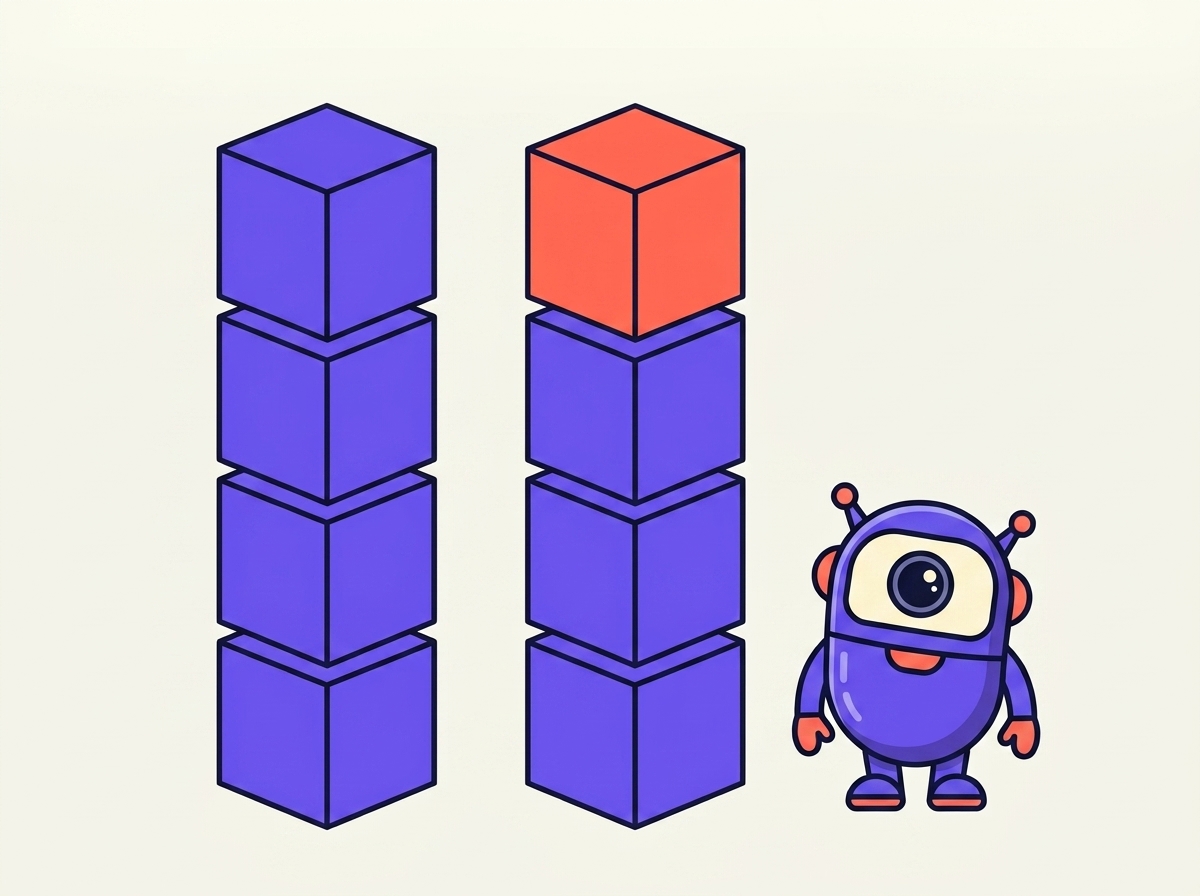 Two stacks of blocks of identical height standing side by side, differing only in the single block on top