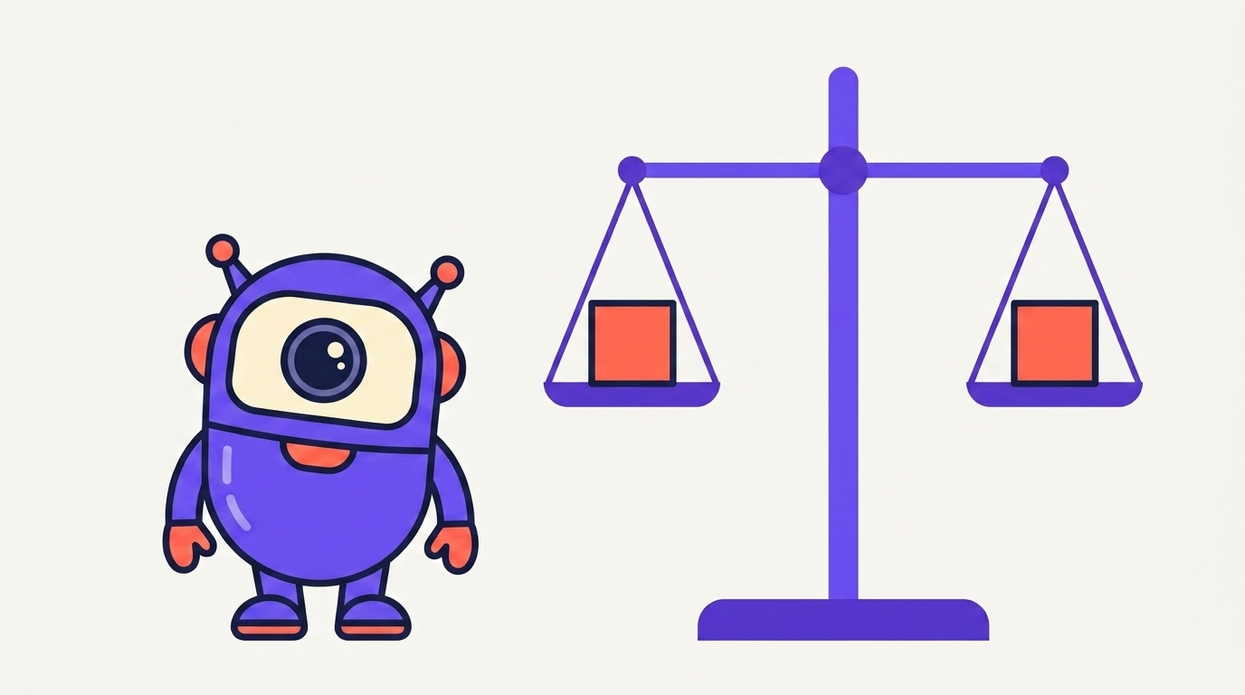 The kitstarter robot beside a balance scale holding one identical block on each pan, the beam perfectly level