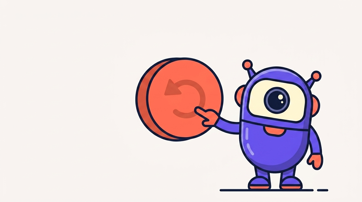 The kitstarter robot pressing a large rewind button