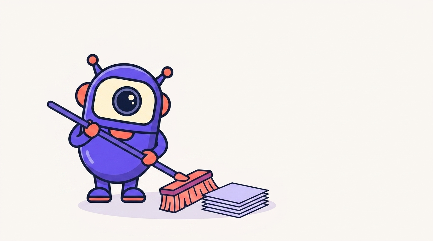 The kitstarter robot sweeping a few loose pages into one neat small stack