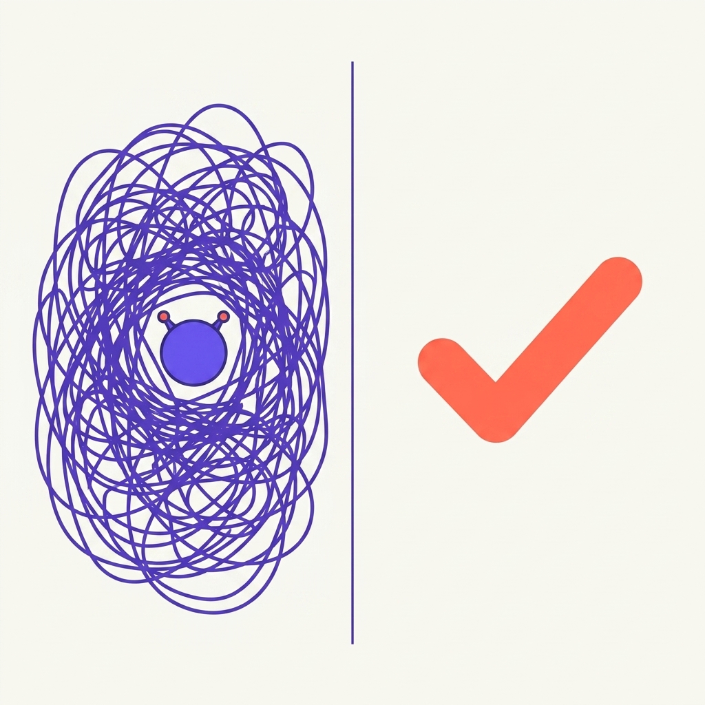 A tangled scribble on one side and a clean checkmark on the other, chaos versus control